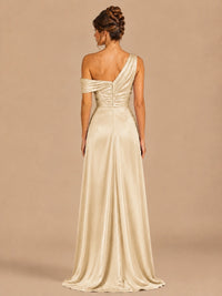 Satin One Shoulder Prom Dress Ruched Long Formal Evening Gown