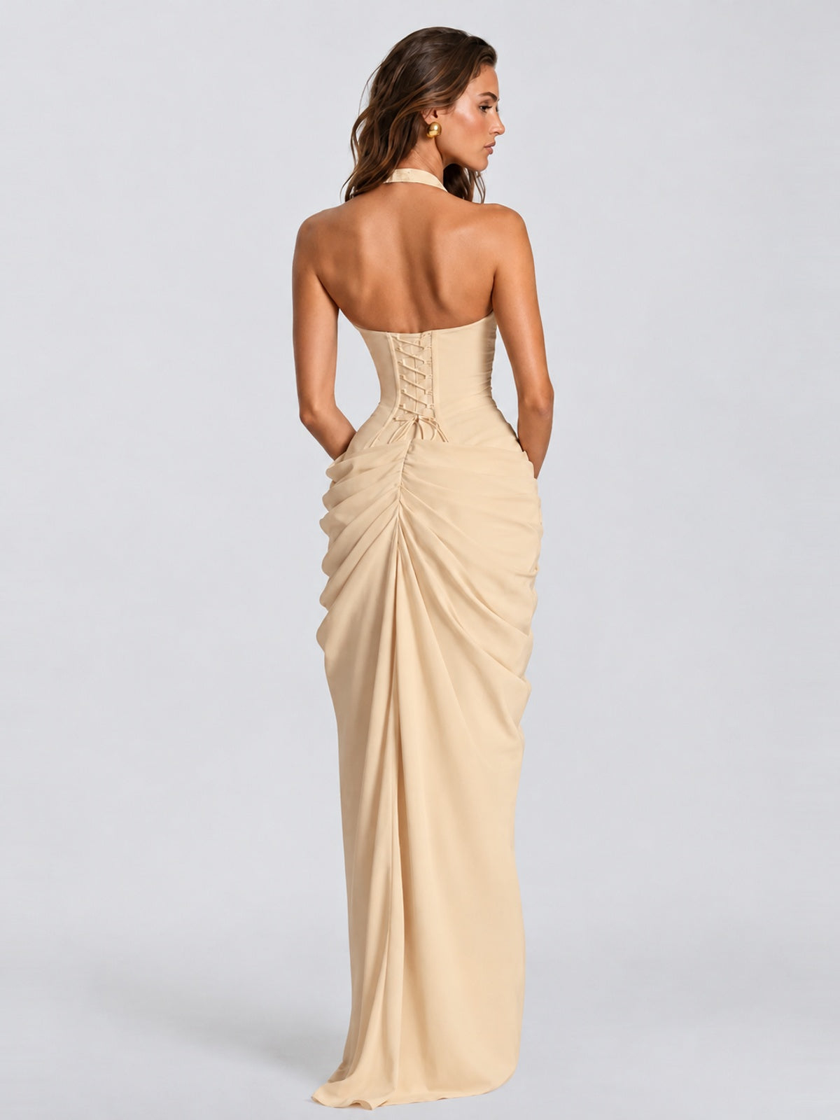 Ruched Halter Neck High-Slit Prom & Evening Dress