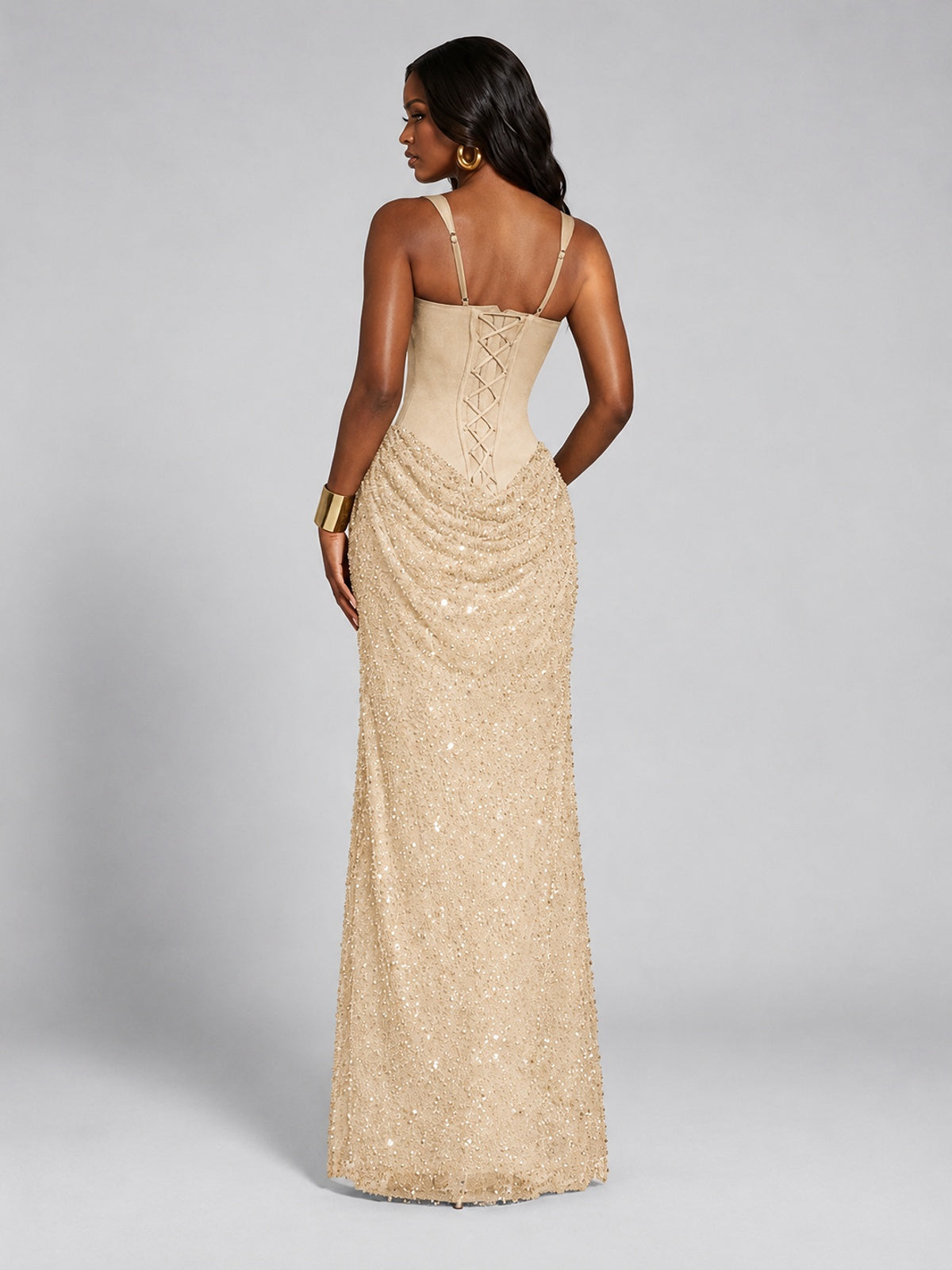 Sequin Corset Mermaid Prom Dress with Square Neck Wide Strap High Slit
