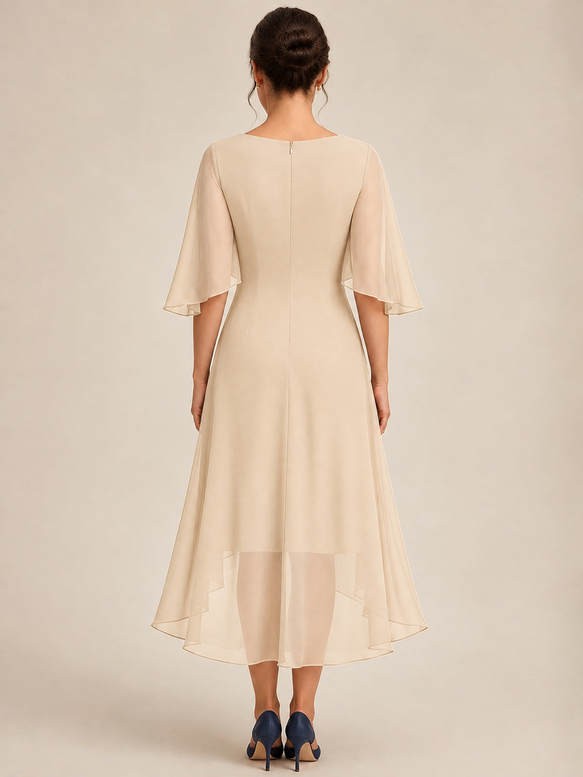 Cowl Neck Ruched Chiffon Mother of the Bride Dresses with Flutter Sleeves