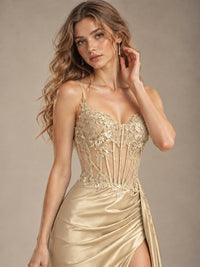 Mermaid Satin Prom Dress with Floral Appliqué Corset and High Slit