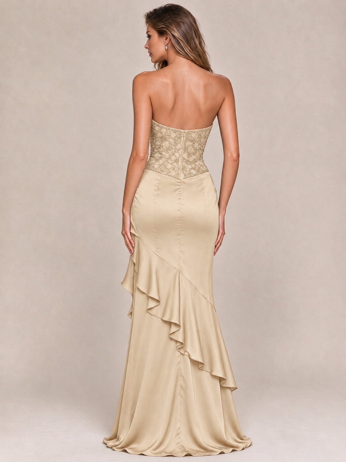 Strapless Lace Appliques Corset Satin Prom Dress Ruffle Slit Evening Gown