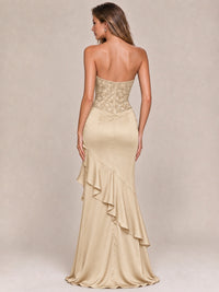 Strapless Lace Appliques Corset Satin Prom Dress Ruffle Slit Evening Gown