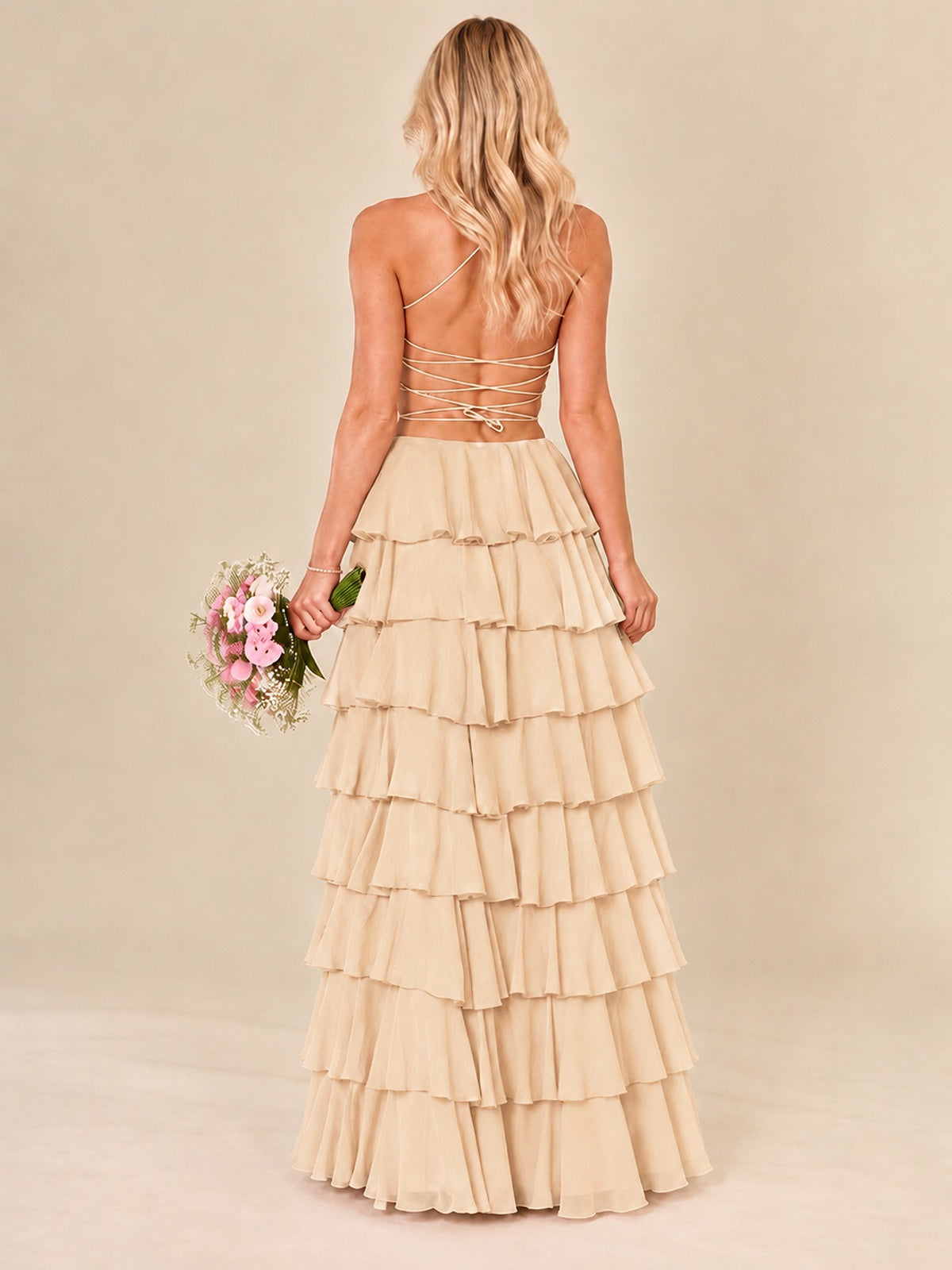 Ruffled Tiered Chiffon Prom Dress Spaghetti Straps Formal Maxi Dress with Slit
