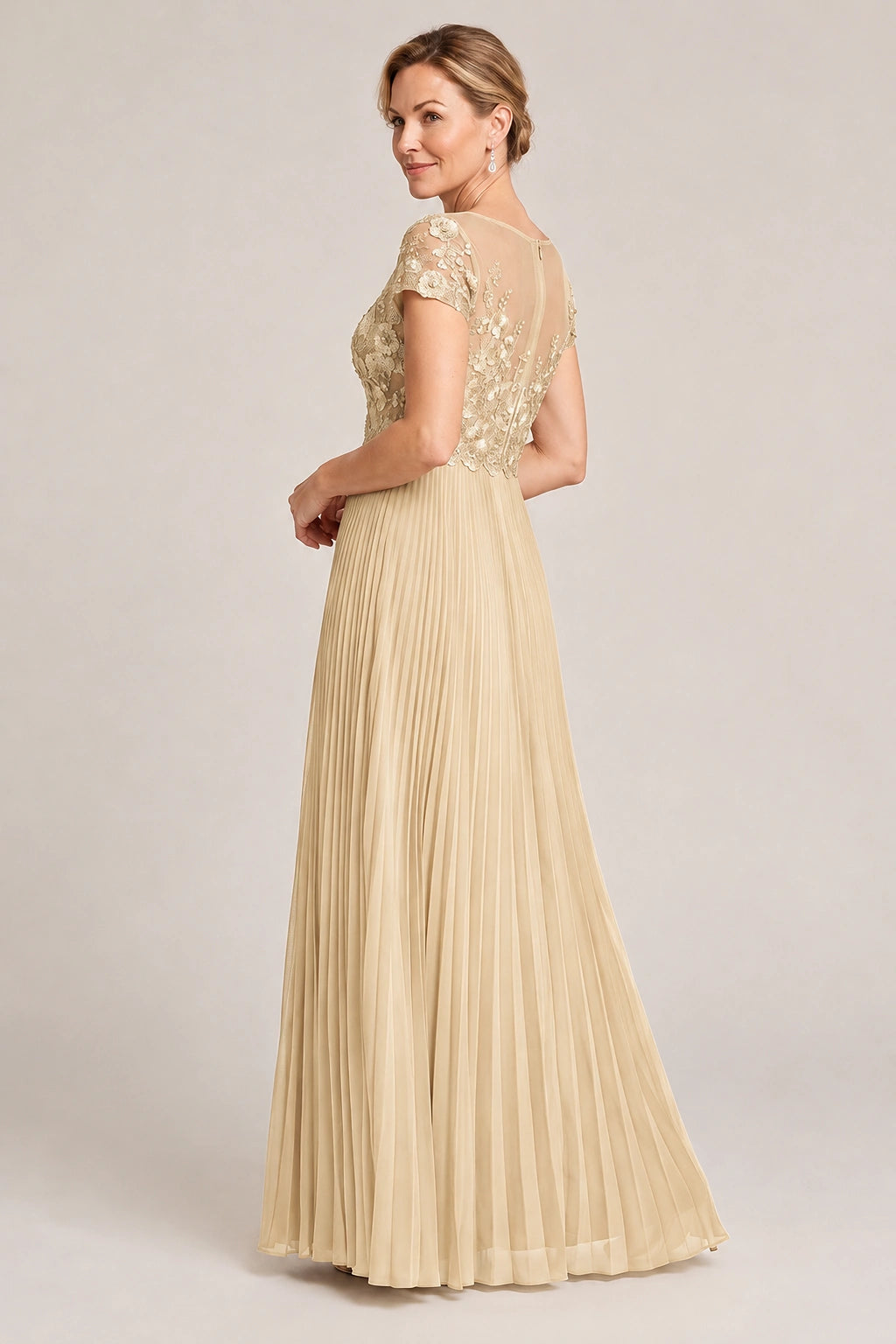 Embroidered Lace Pleated Mother of the Bride Dress