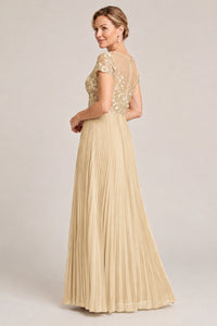 Embroidered Lace Pleated Mother of the Bride Dress
