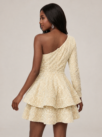 Puffy One Shoulder Sequin Tiered Mini Dress