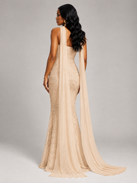 Pleated Chiffon Lace Prom Dresses Long Bodycon Mermaid with Scarf