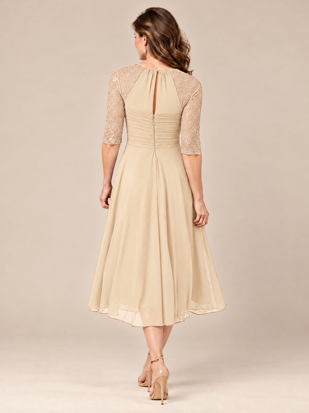 Tea-Length Mother of the Bride Dress with Lace 3/4 Sleeves