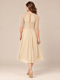 Tea-Length Mother of the Bride Dress with Lace 3/4 Sleeves