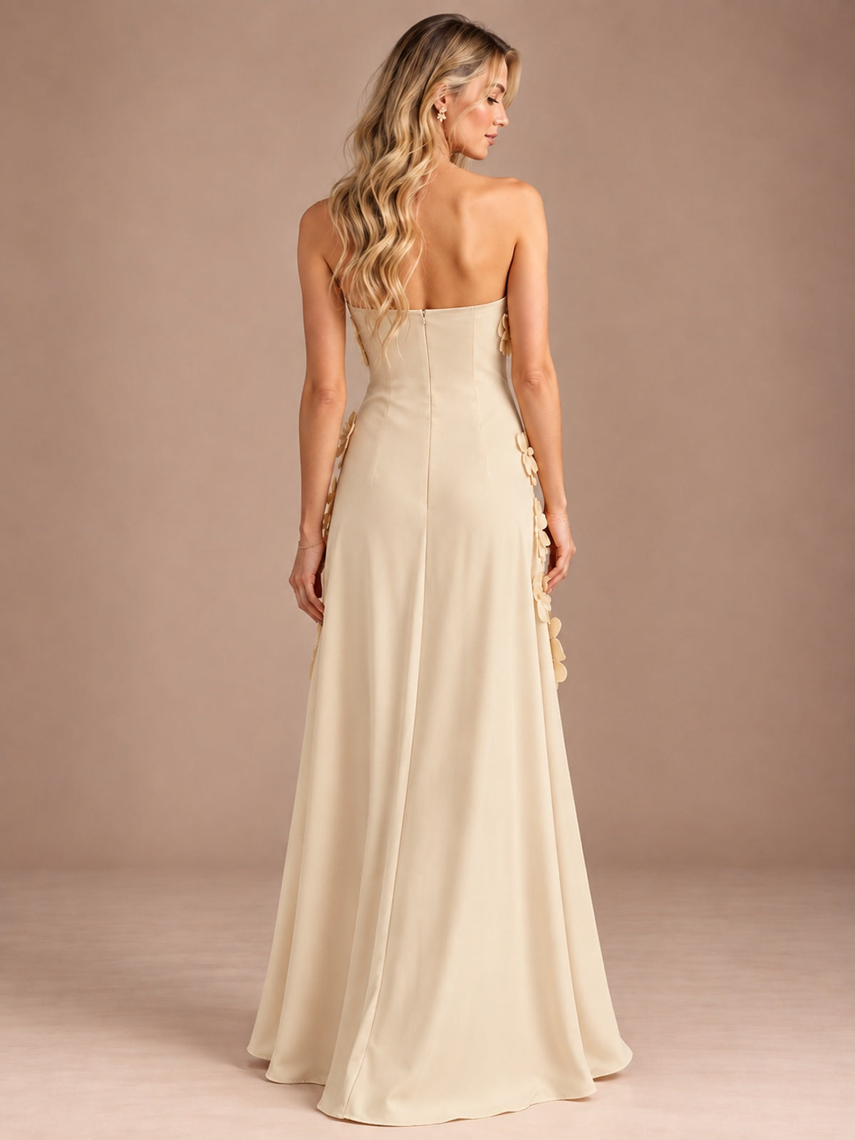 Yellow Strapless A-line Satin Maxi Dress with 3D Floral