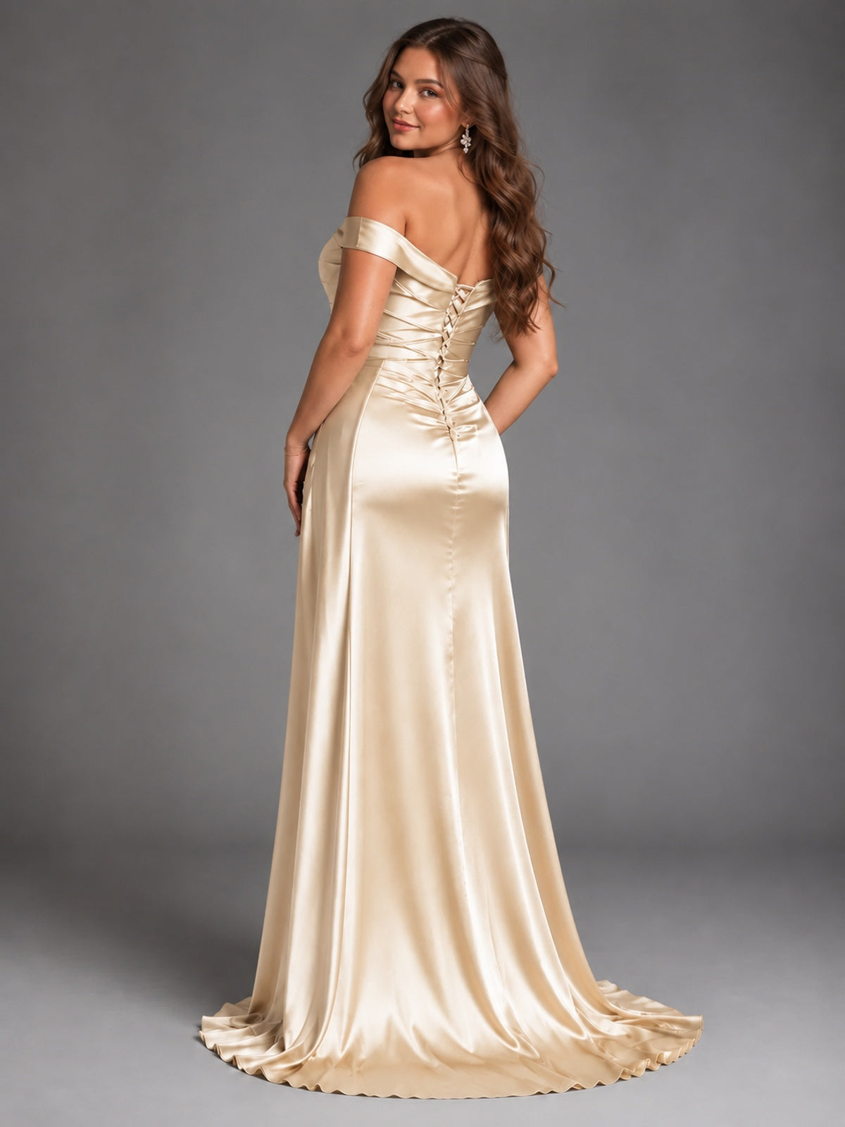 Off Shoulder Satin Maxi Dress with Slit