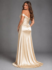 Off Shoulder Satin Maxi Dress with Slit