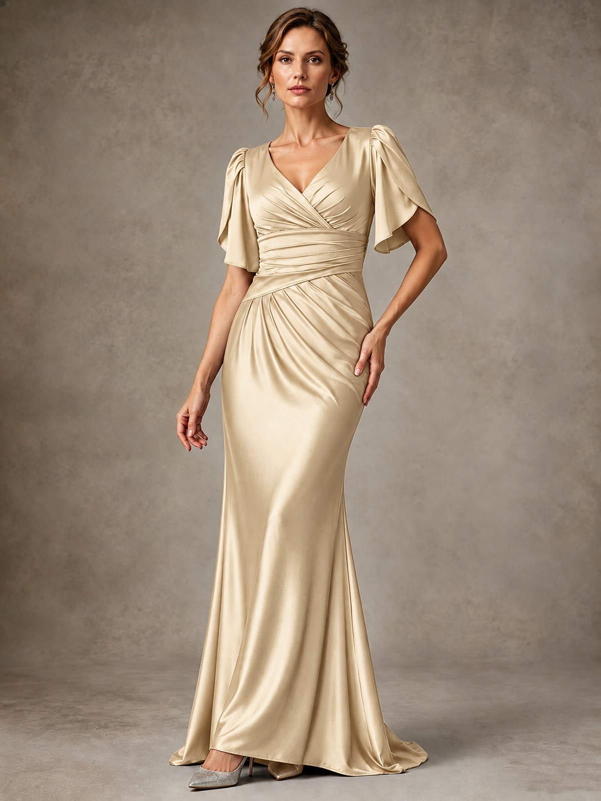 V-Neck Satin Mother of the Bride Dress with Flutter Sleeves