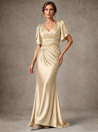V-Neck Satin Mother of the Bride Dress with Flutter Sleeves