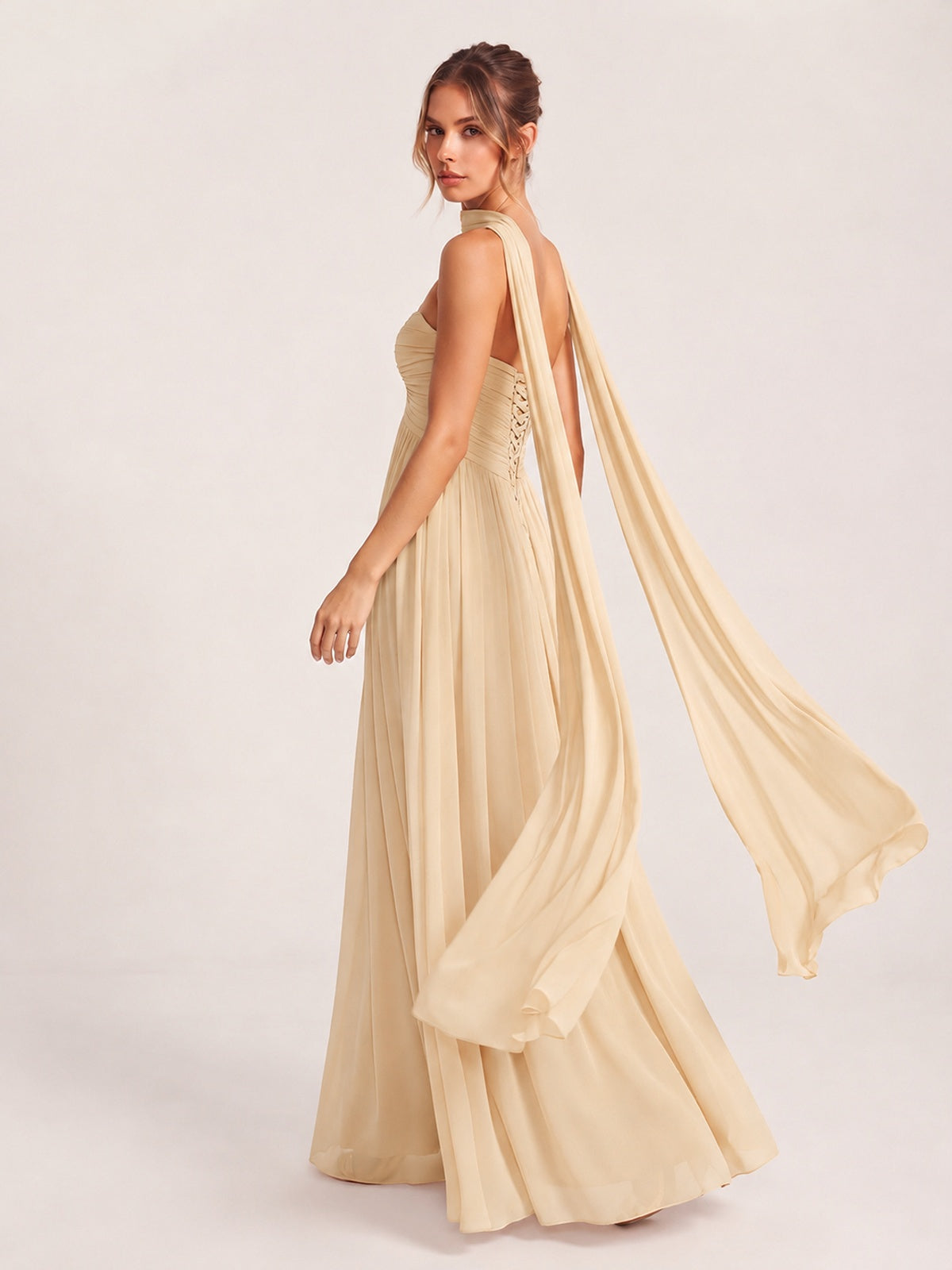 Strapless Ruched Chiffon Long Prom Dress with Scarf