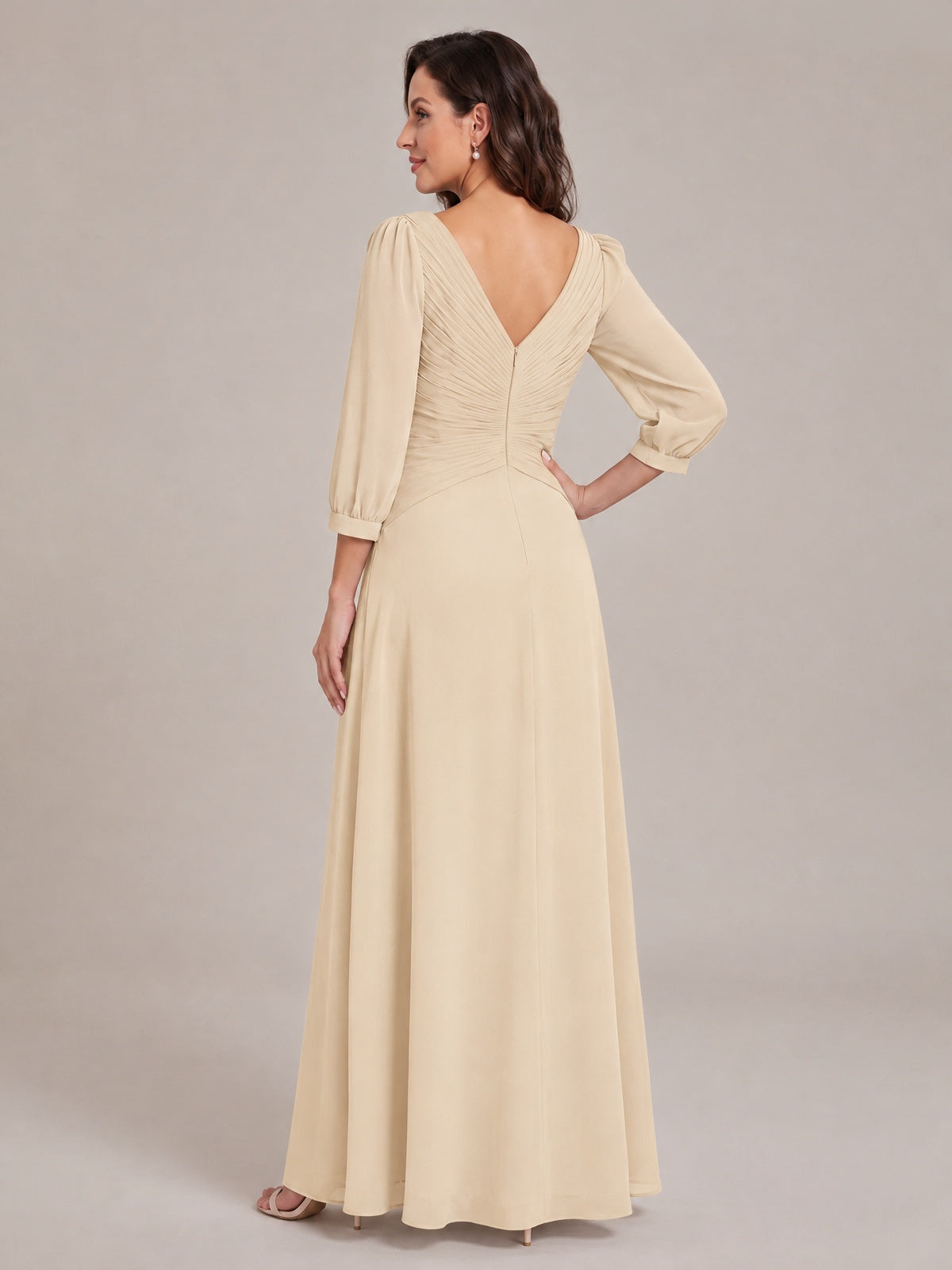 V-Neck Pleated Chiffon Mother of the Bride Dress with Flutter Sleeves