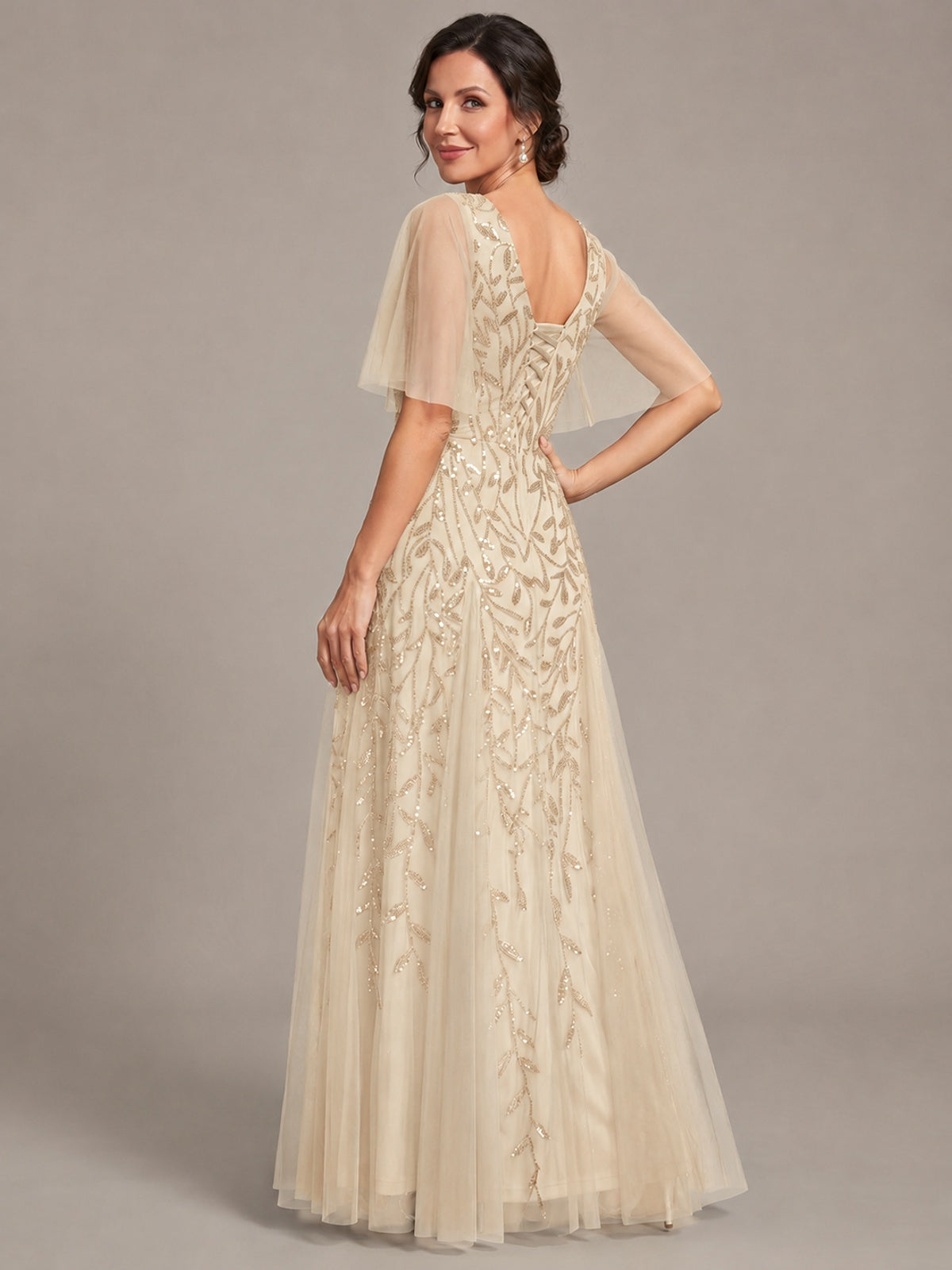 V-Neck Sequin Tulle Mother of the Bride Dress with Flutter Sleeve