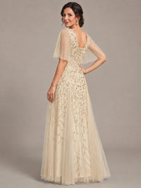 V-Neck Sequin Tulle Mother of the Bride Dress with Flutter Sleeve