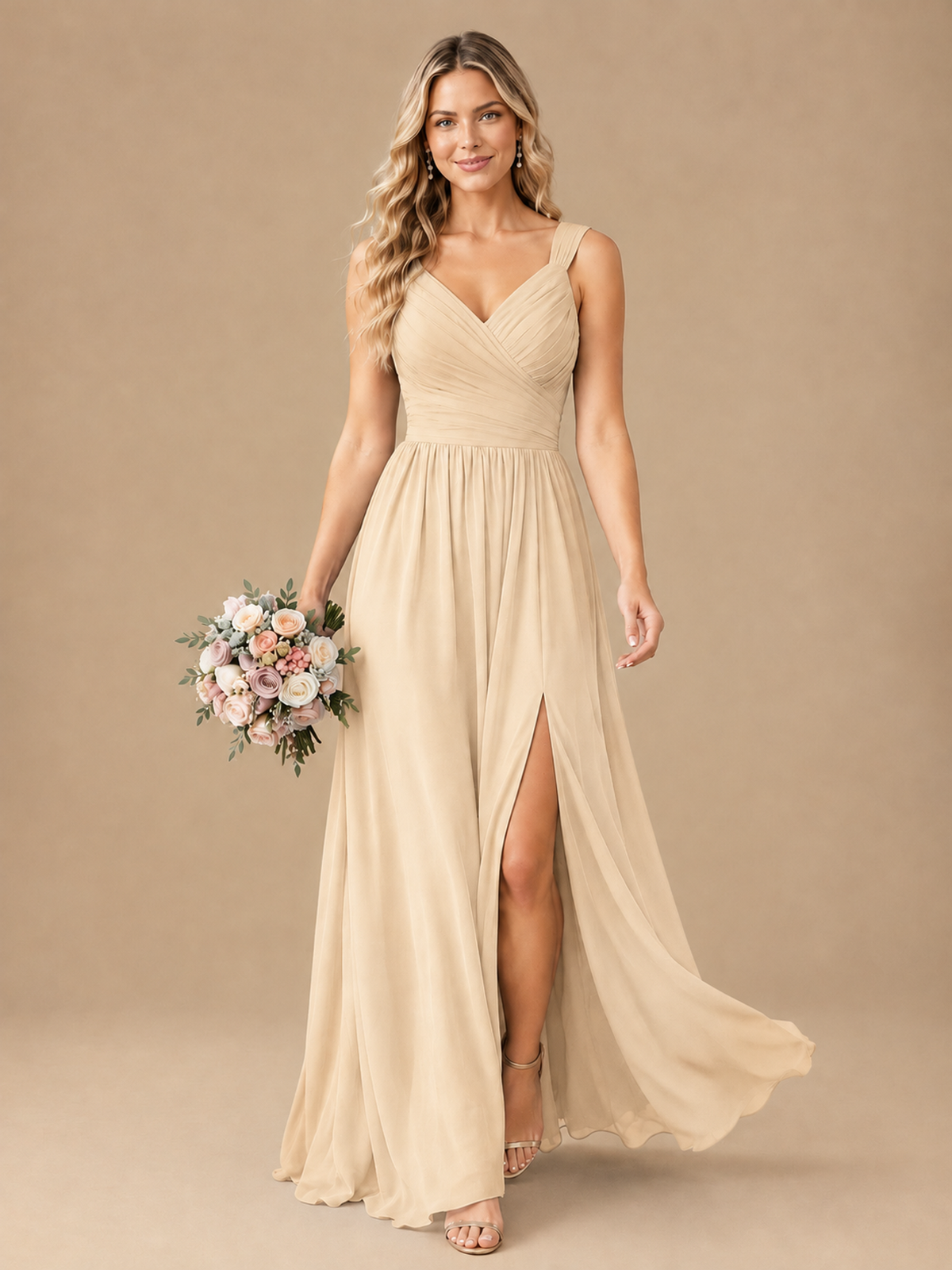 Pleated Chiffon V Neck Wedding Bridesmaid Dresses Floor Length with Slit