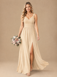 Pleated Chiffon V Neck Wedding Bridesmaid Dresses Floor Length with Slit