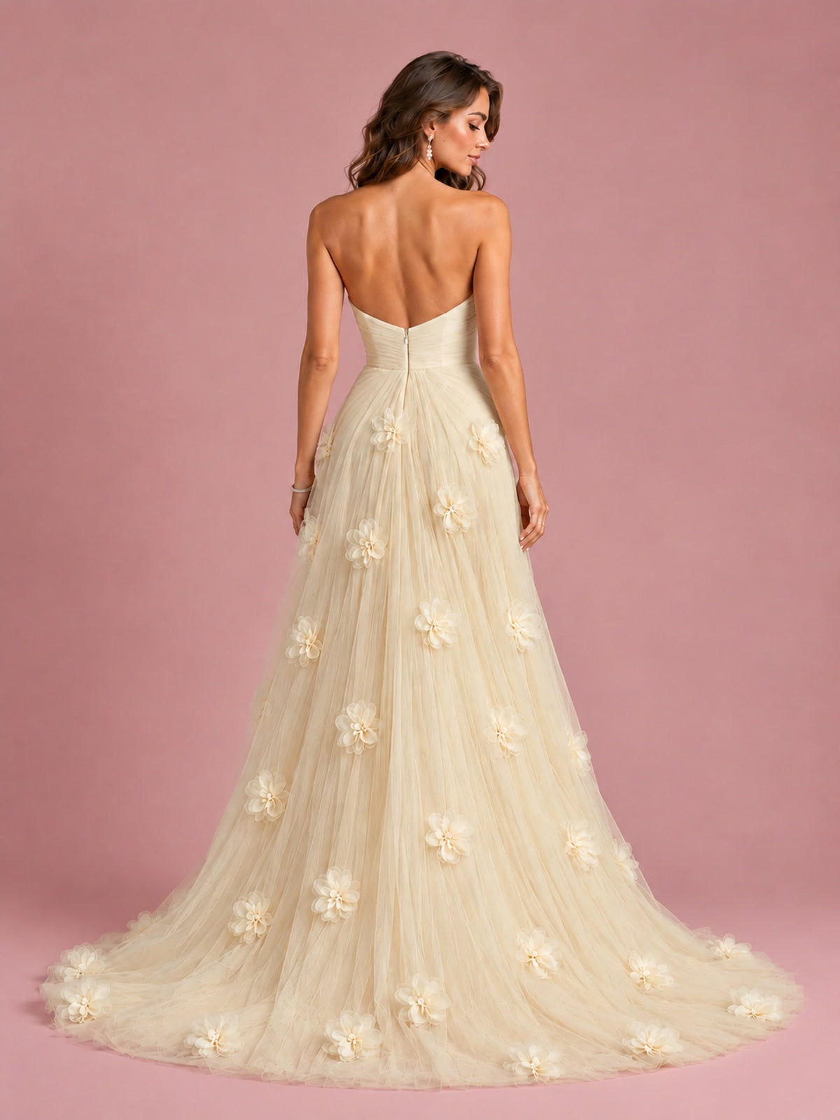 3D Floral Applique Strapless Tulle Prom Dress with High Slit