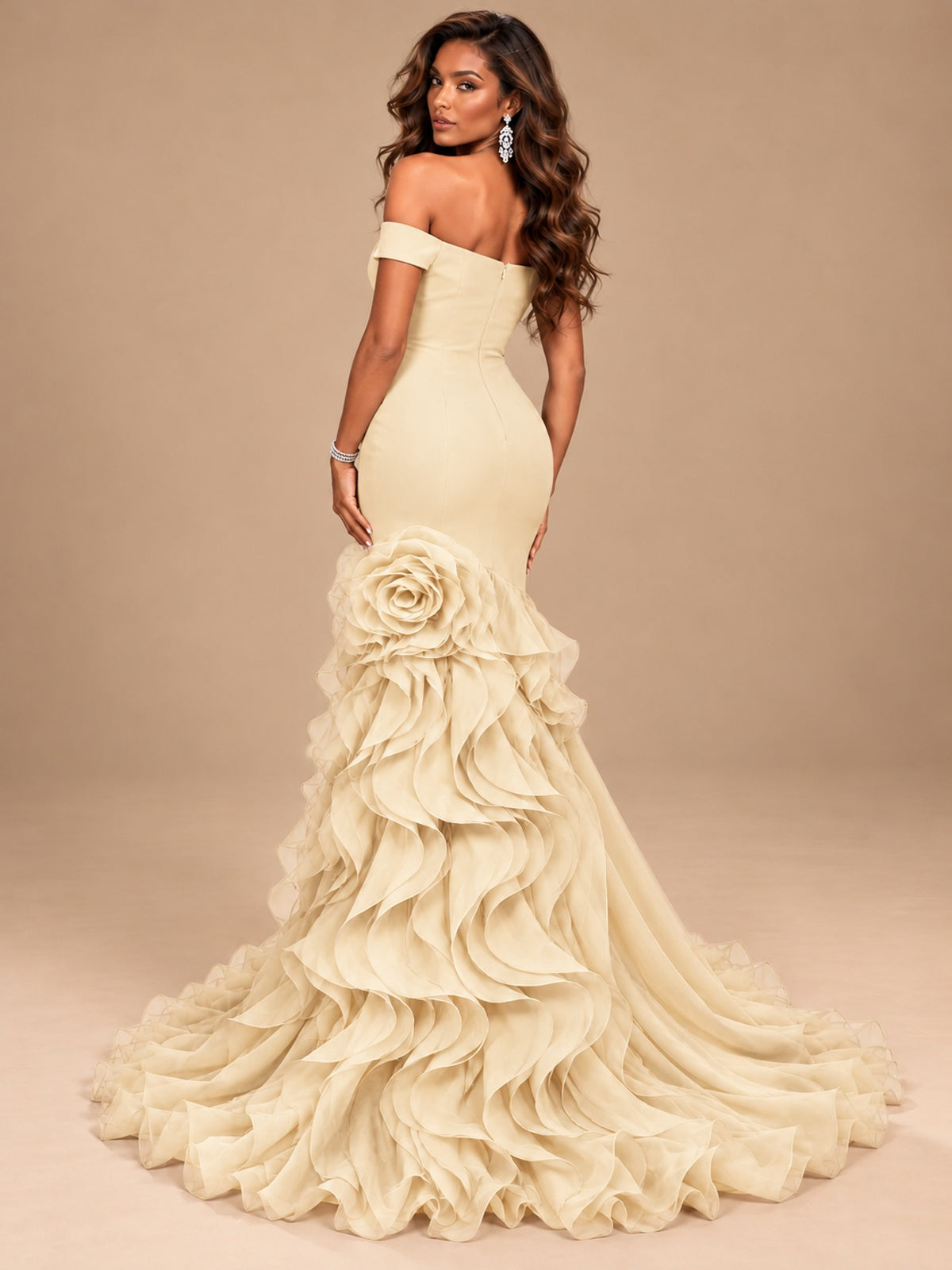 Dusty Blue Off-the-Shoulder Mermaid Prom Dress with 3D Rose & Ruffles