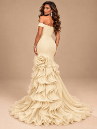 Dusty Blue Off-the-Shoulder Mermaid Prom Dress with 3D Rose & Ruffles