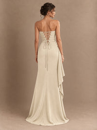 Black and White Strapless Ruched Prom Dress with High Slit & Side Drape