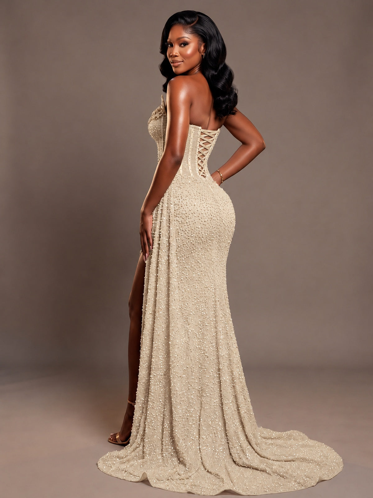 Luxury Strapless Sequin Corset Mermaid Prom Dress with High Slit & Train