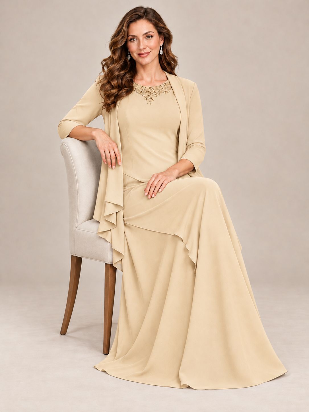 Dusty Blue Two-Piece Chiffon Mother of the Bride Dress with Jacket