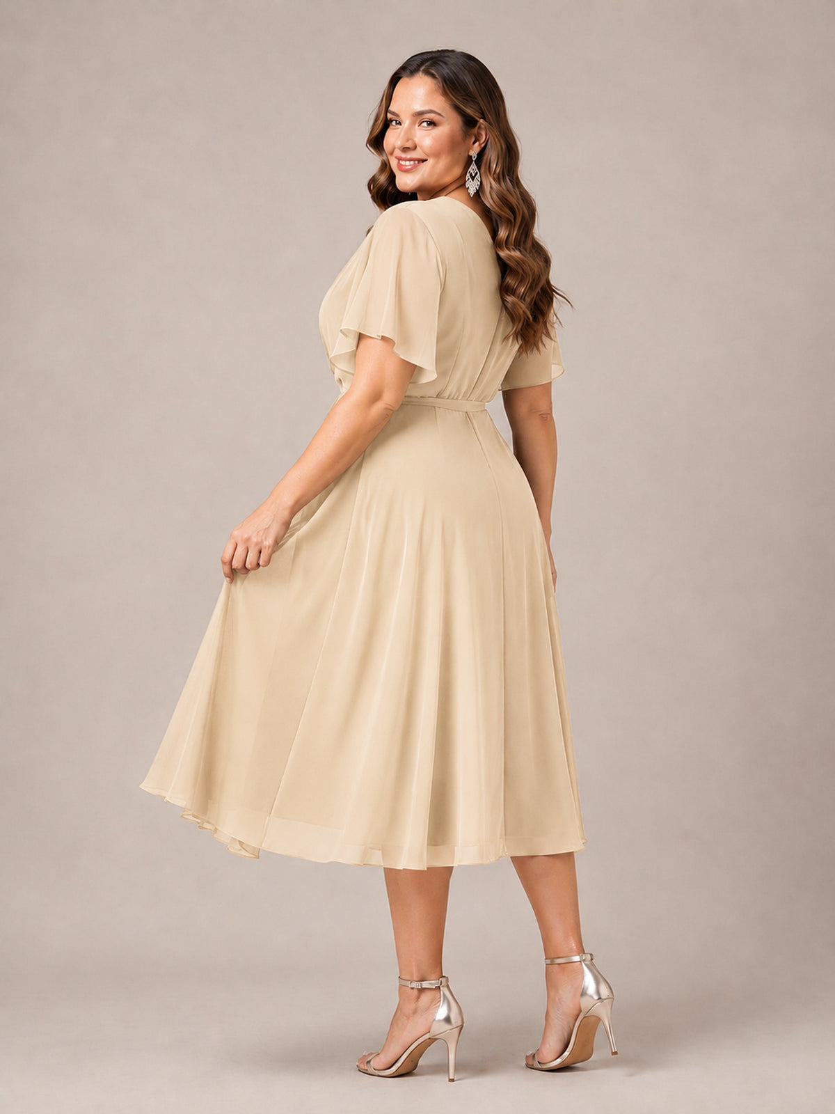 Navy Blue A-Line V-Neck Tea-Length Mother of the Bride Dress