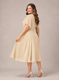 Navy Blue A-Line V-Neck Tea-Length Mother of the Bride Dress