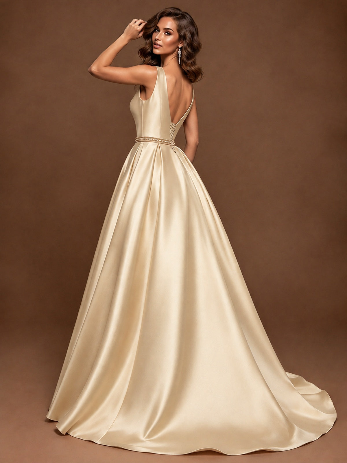 Satin A-Line Prom Dress Sleeveless Beaded Waist Formal Gown with Pockets