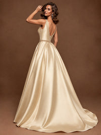 Satin A-Line Prom Dress Sleeveless Beaded Waist Formal Gown with Pockets
