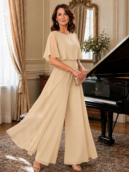 Chiffon Mother of the Bride Jumpsuit with Layered Cape Sleeves
