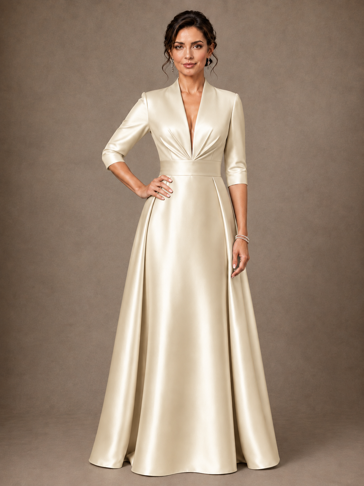 V-Neck Pleated Satin Mother of the Bride Gown with 3/4 Sleeves