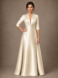 V-Neck Pleated Satin Mother of the Bride Gown with 3/4 Sleeves