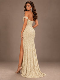 Off the Shoulder Corset Sequin Mermaid Prom Dress with Slit