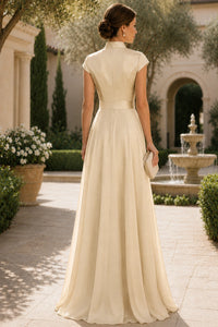 V Neck Cap Sleeve A-Line Floor-Length Satin Bridesmaid Dress