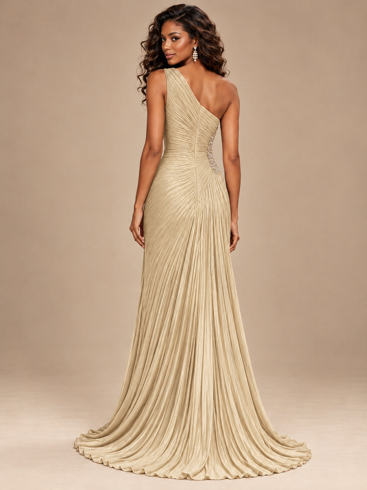 Burgundy One Shoulder Ruched Prom Dress with High Slit & Beaded Waist