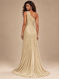 Burgundy One Shoulder Ruched Prom Dress with High Slit & Beaded Waist