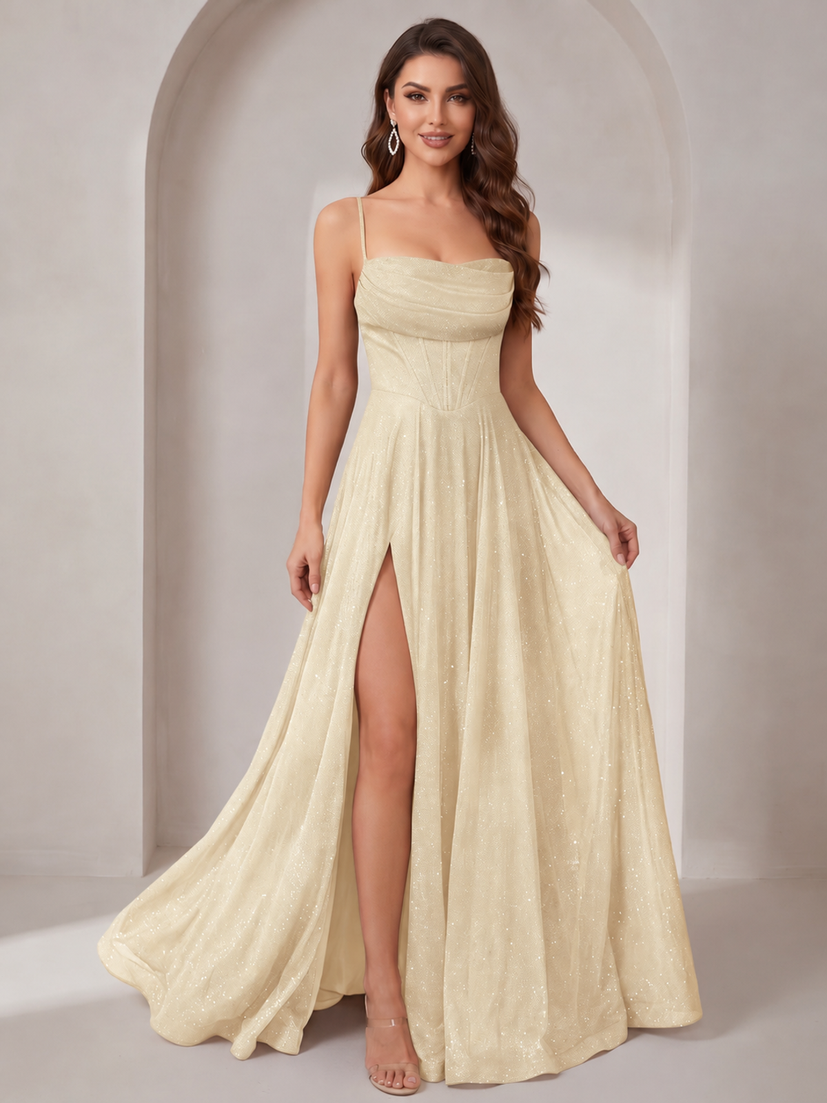 Sparkly Cowl Neck Corset Long Prom Dress with Slit A-line Tulle Ball Gown