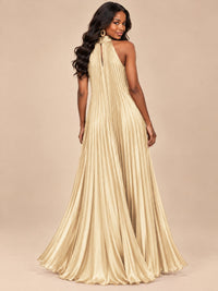 Rust Orange Pleated Halter Neck Maxi Dress