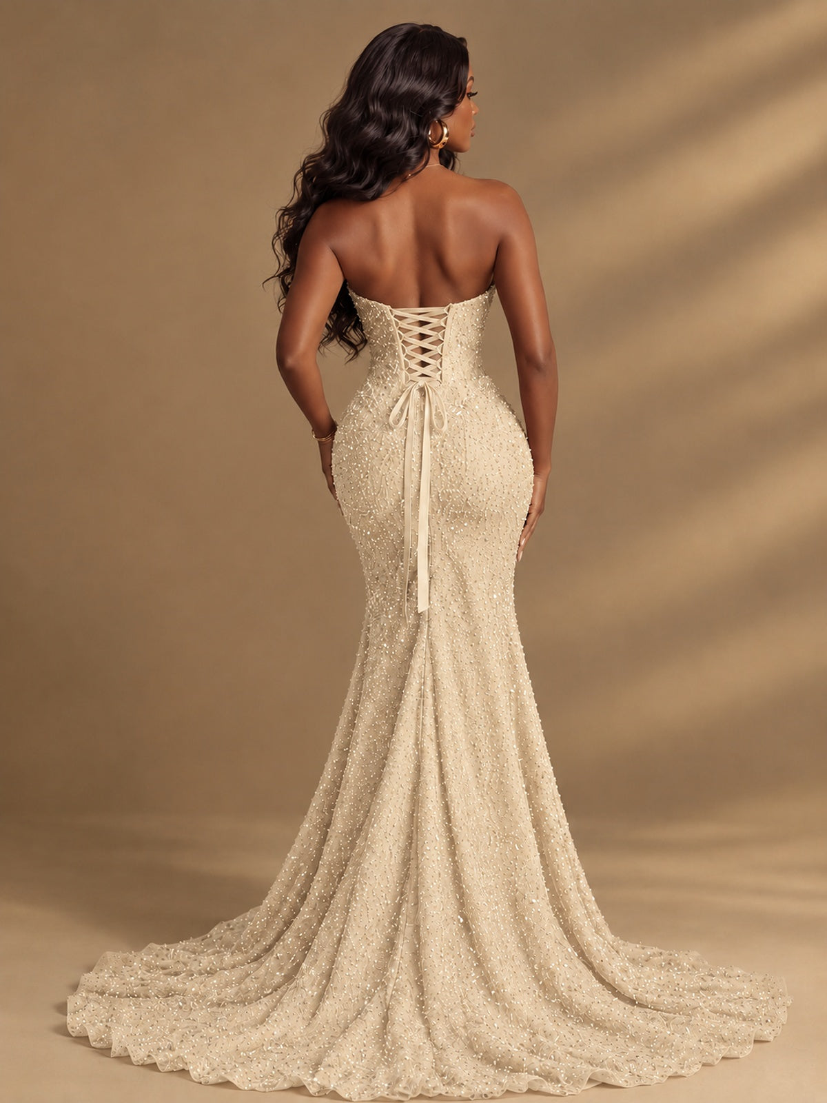 Beaded Sequin Prom Dress Strapless Formal Gowns with High Slit Train