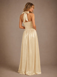 Pink V Neck Halter Satin Maxi Dress