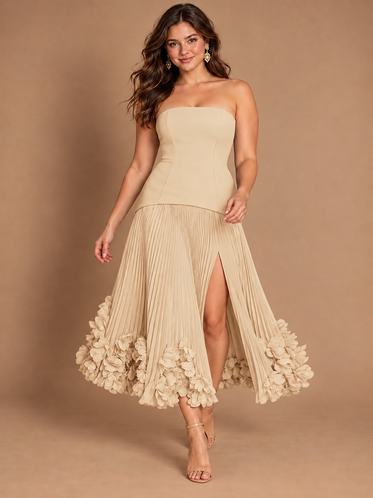 Navy Blue Strapless Pleated A-Line Midi Dress with 3D Floral Applique