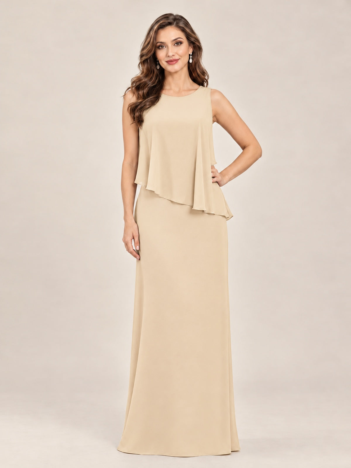 Cape Sleeve Mother of the Bride Dress with Asymmetrical Overlay