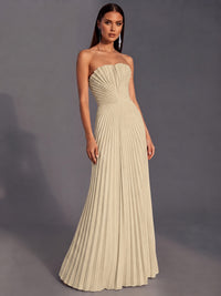 Strapless A-line Long Pleated Satin Prom Dress