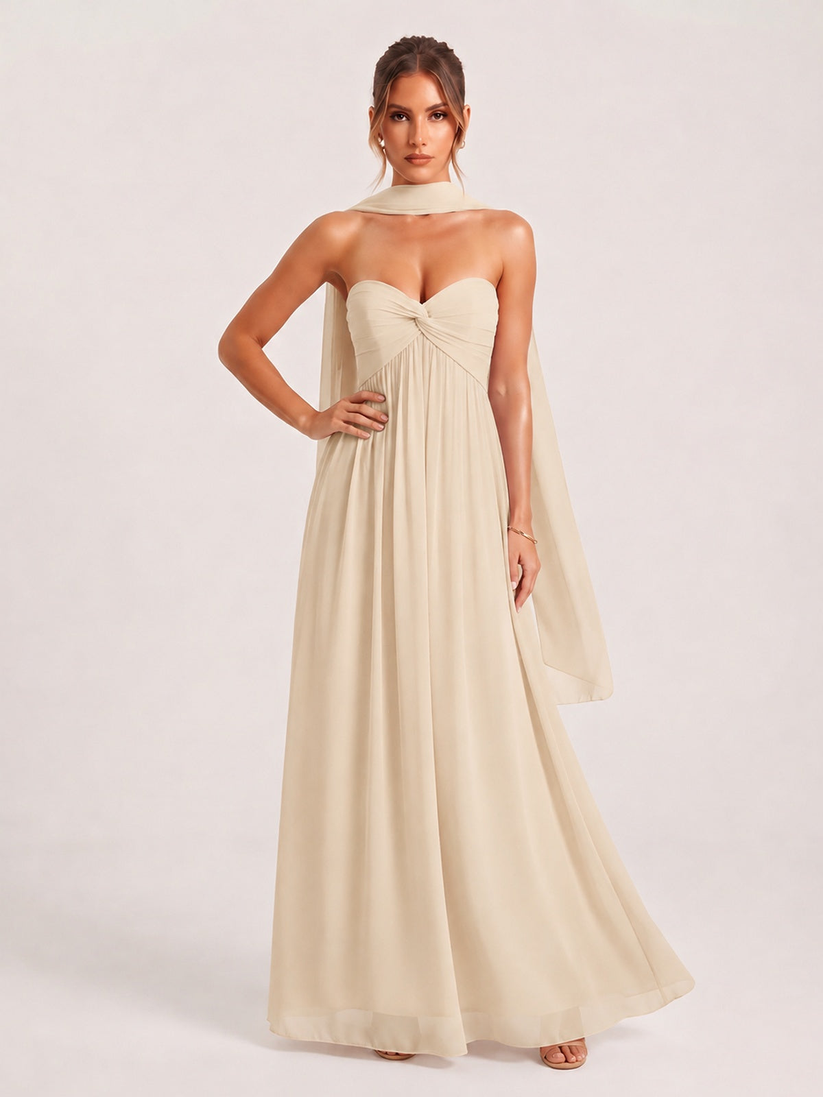 Strapless Ruched Chiffon Long Prom Dress with Scarf
